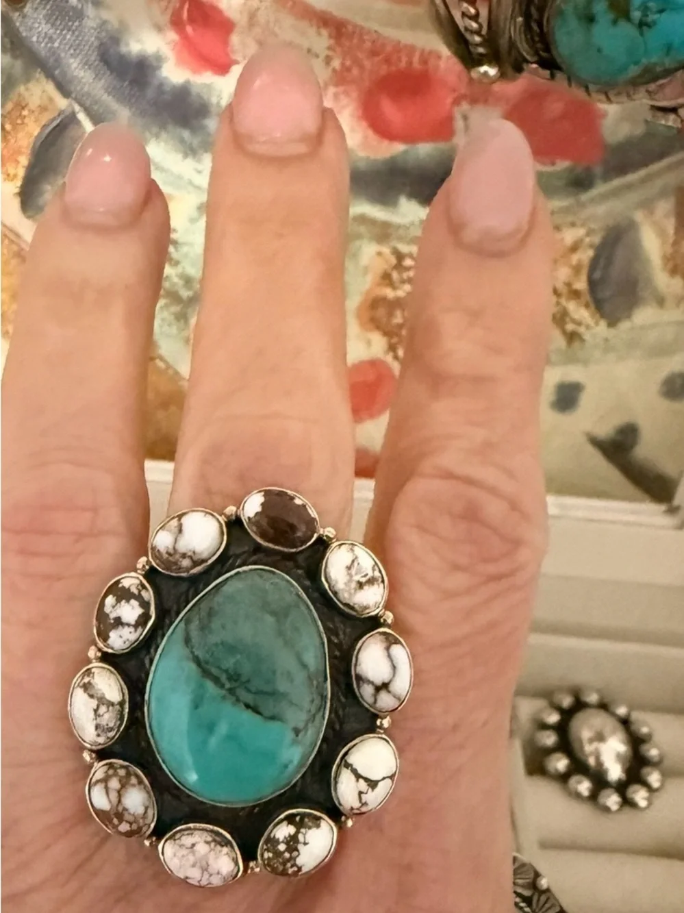 Sterling Silver , Genuine turquoise and white buffalo cluster ring